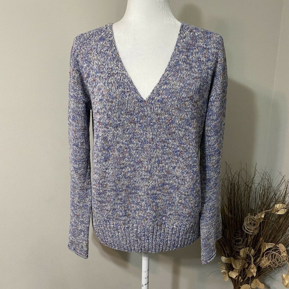 J Crew Women's Medium Blue Heather Marled Long Flared Sleeve V Neck Sweater